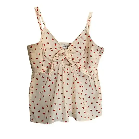 Madewell Women's Size 2 Cotton Tie-Front Keyhole Cami Top in Fresh Strawberries - Picture 2 of 12